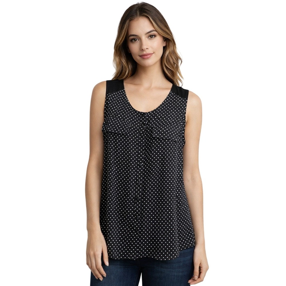 Diana Belle Womens Polka Dot Sleeveless Button Front Blouse Black White Large